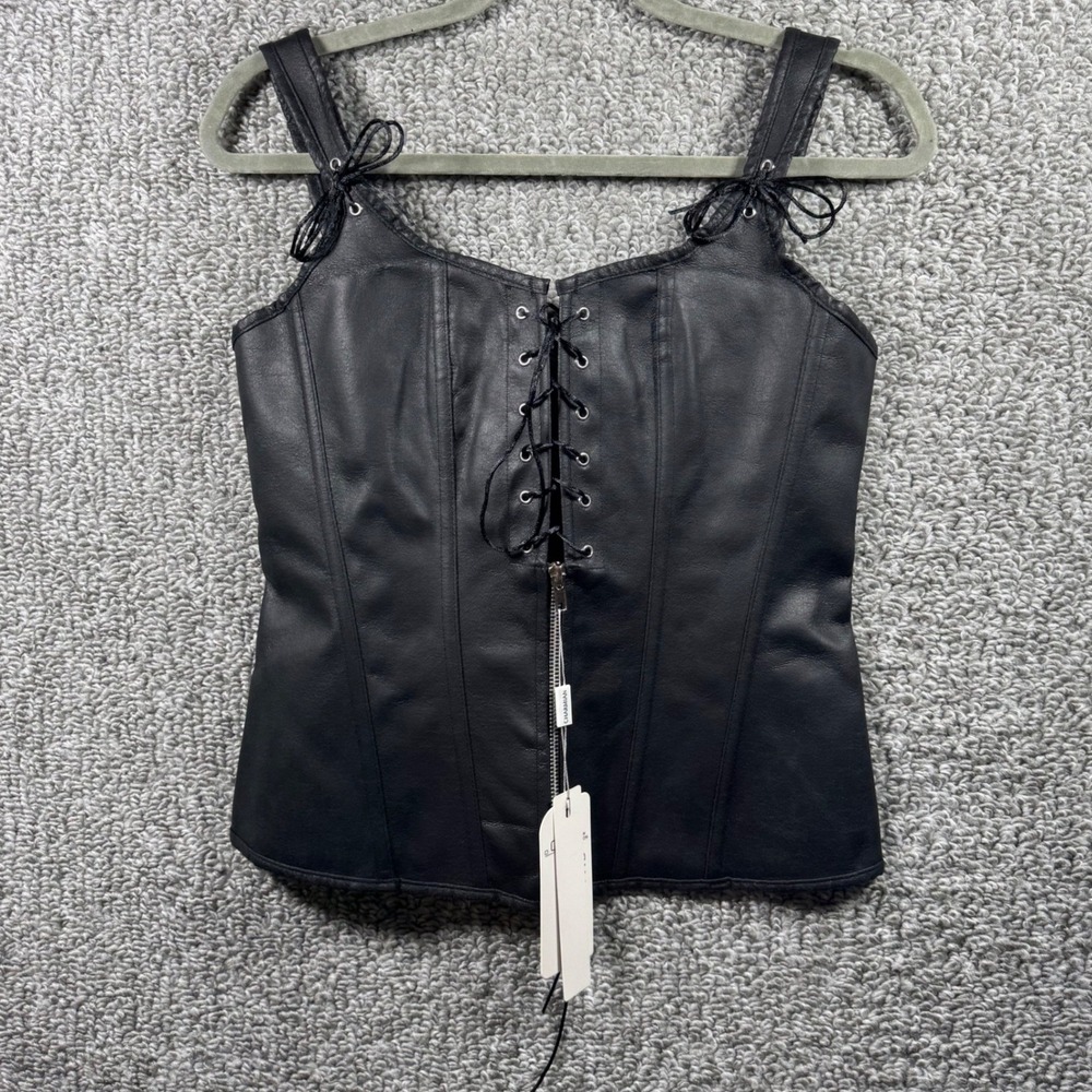 Charmian Corset Top Renaissance Bustier Black Faux Leather Lace Up Zipper Large